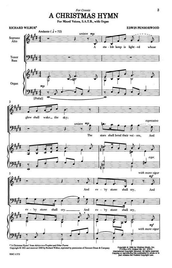 Edwin Penhorwood, A Christmas Hymn&nbsp;&nbsp;SATB and Organ&nbsp;&nbsp;Chorpartitur