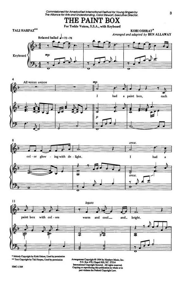 Kobi Oshrat, The Paint Box&nbsp;&nbsp;SSA, Piano&nbsp;&nbsp;Chorpartitur