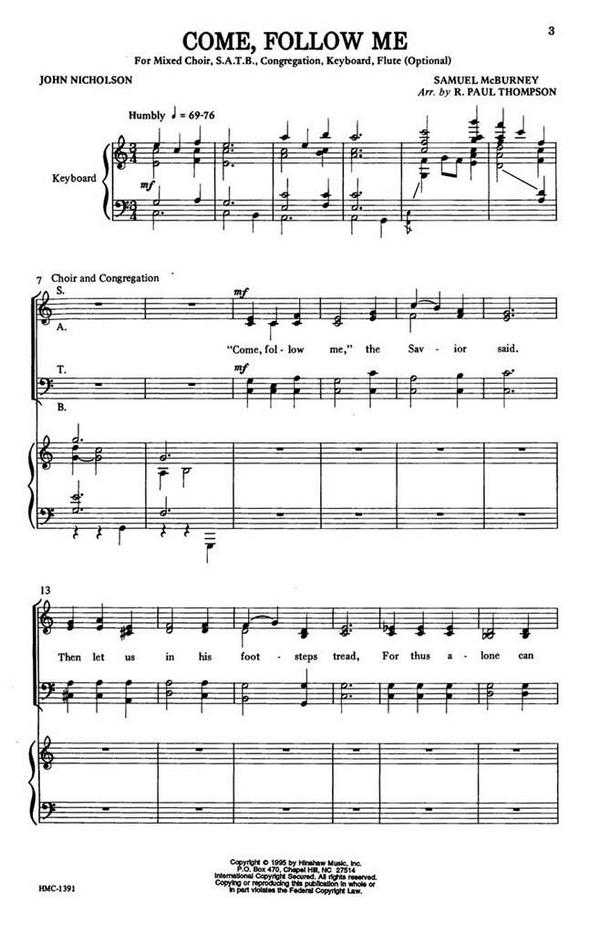 Samuel McBurney, Come, Follow Me&nbsp;&nbsp;SATB, Congregation, Keyboard, Optional Flute&nbsp;&nbsp;Chorpartitur