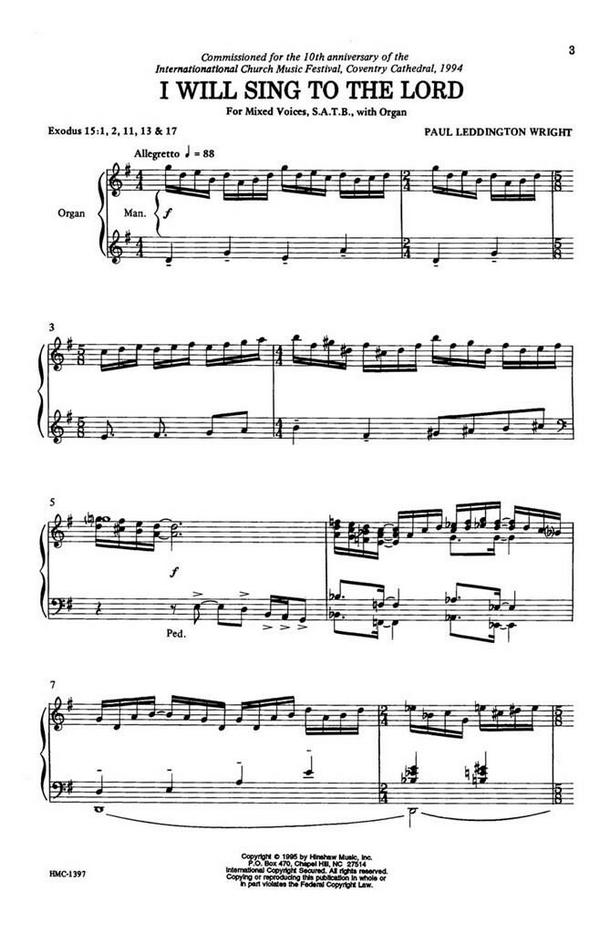 Paul Leddington Wright, I Will Sing To The Lord&nbsp;&nbsp;SATB and Organ&nbsp;&nbsp;Chorpartitur