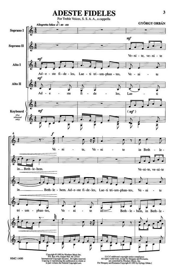 György Orbán, Adeste Fideles&nbsp;&nbsp;SSAA a Cappella&nbsp;&nbsp;Chorpartitur