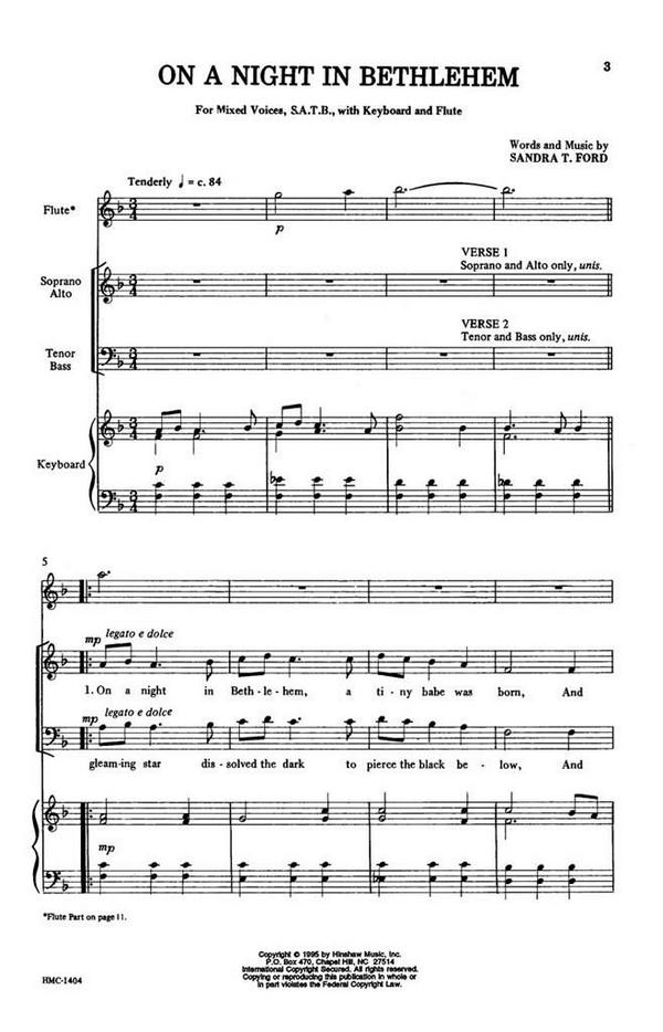 Sandra T. Ford, On A Night In Bethlehem&nbsp;&nbsp;SATB, Keyboard and Flute&nbsp;&nbsp;Chorpartitur