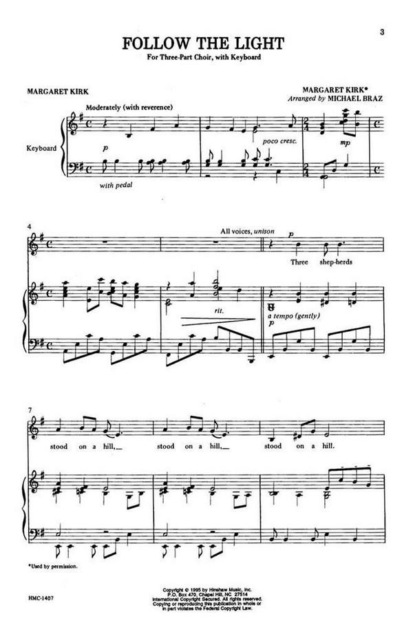 Margaret Kirk, Follow The Light&nbsp;&nbsp;3-Part Choir and Keyboard&nbsp;&nbsp;Chorpartitur