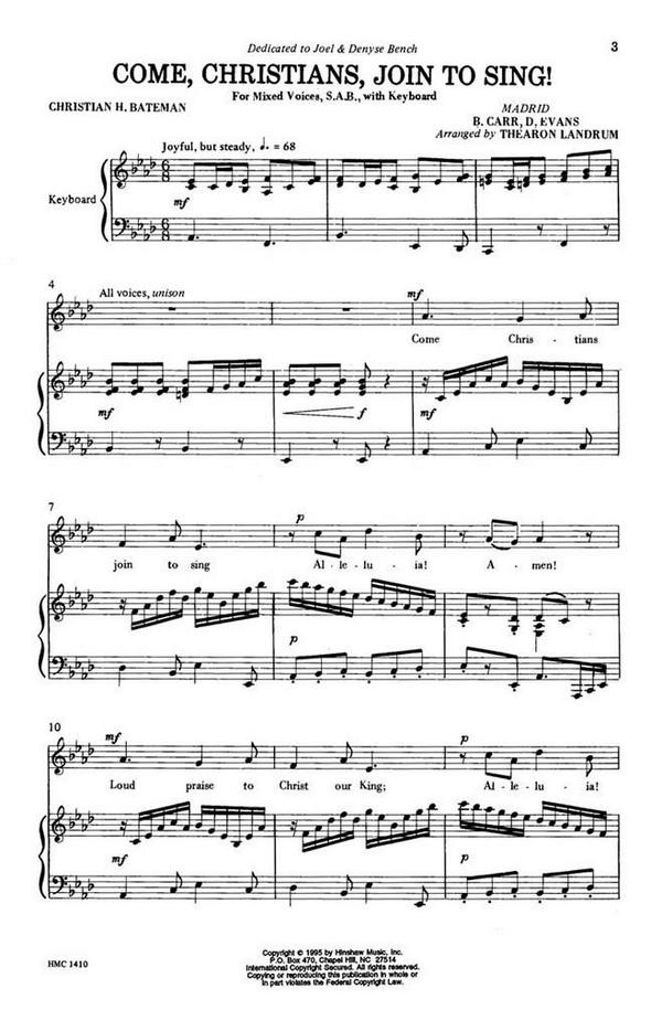 Benjamin Car, Come, Christians, Join To Sing!&nbsp;&nbsp;SAB, Piano&nbsp;&nbsp;Chorpartitur