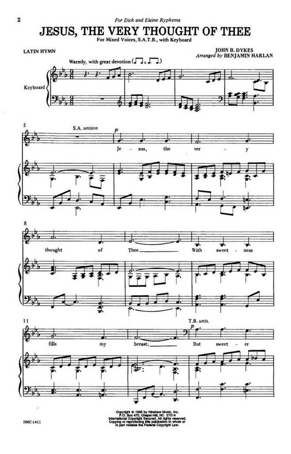 John Bacchus Dykes, Jesus The Very Thought Of Thee&nbsp;&nbsp;SATB and Keyboard&nbsp;&nbsp;Chorpartitur