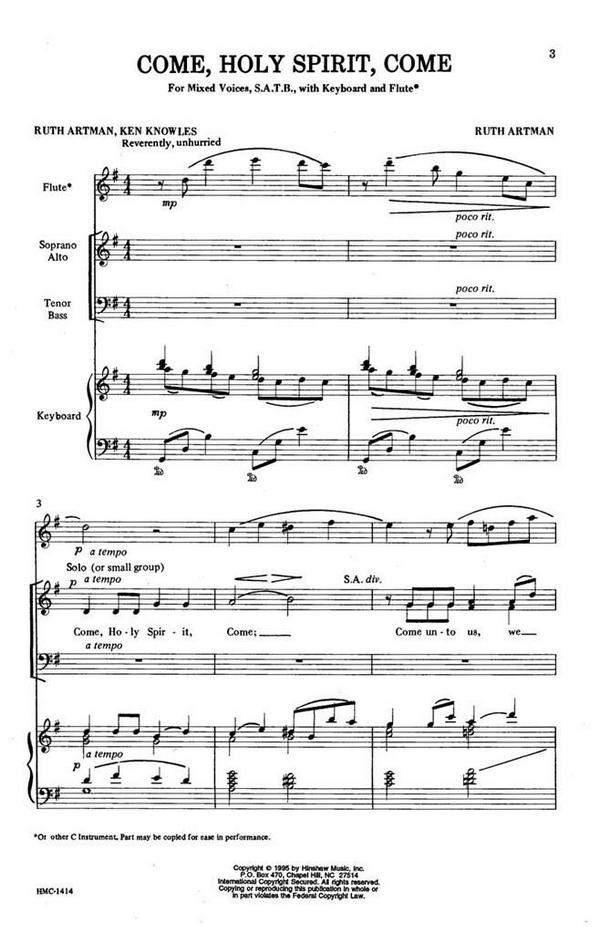 Ruth Artman, Come, Holy Spirit, Come&nbsp;&nbsp;SATB, Keyboard and Flute&nbsp;&nbsp;Chorpartitur