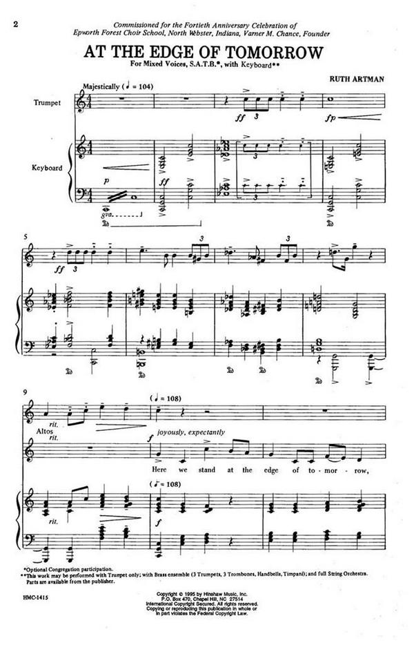 Ruth Artman, At The Edge Of Tomorrow&nbsp;&nbsp;SATB Optional Congregation, Keyboard&nbsp;&nbsp;Chorpartitur