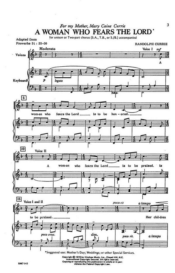 Randolph Currie, A Woman Who Fears The Lord&nbsp;&nbsp;2-Part Choir and Keyboard&nbsp;&nbsp;Chorpartitur