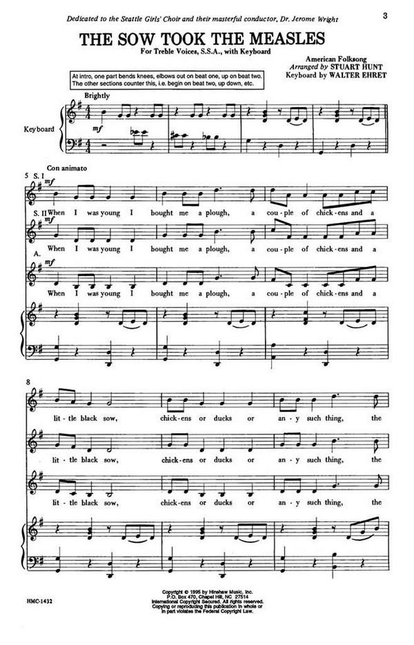 Walter Ehret, The Sow Took The Measles&nbsp;&nbsp;SSA, Piano&nbsp;&nbsp;Chorpartitur