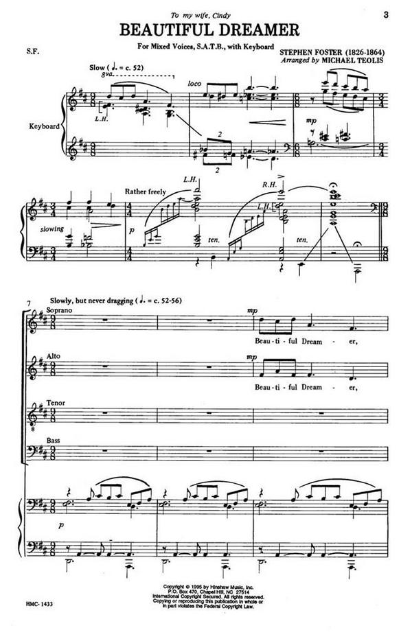 Stephen Foster, Beautiful Dreamer&nbsp;&nbsp;SATB and Keyboard&nbsp;&nbsp;Chorpartitur