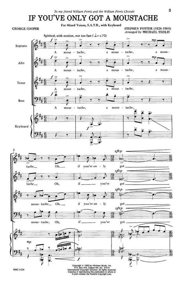 Stephen Foster, If You've Only Got A Moustache&nbsp;&nbsp;SATB and Keyboard&nbsp;&nbsp;Chorpartitur