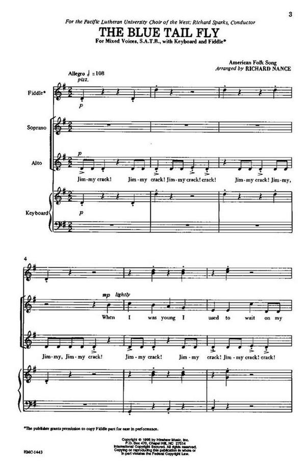 The Blue-Tail Fly&nbsp;&nbsp;SATB Divisi, Keyboard and Fiddle&nbsp;&nbsp;Chorpartitur