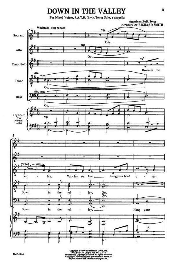 Down In The Valley&nbsp;&nbsp;SATB, Divisi, Tenor Solo, a Cappella&nbsp;&nbsp;Chorpartitur