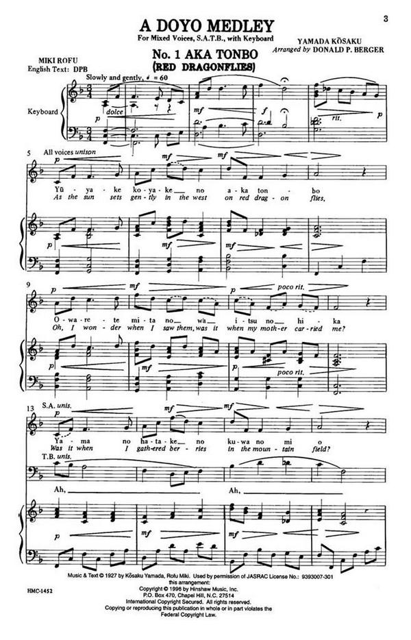 Yamada Kosaku, A Doyo Medley&nbsp;&nbsp;SATB and Keyboard&nbsp;&nbsp;Chorpartitur