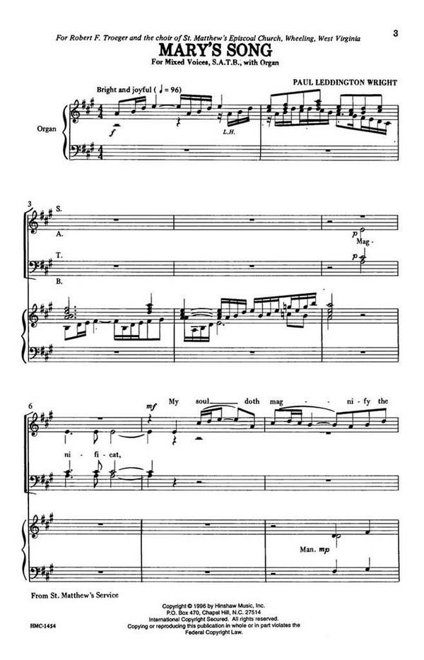 Paul Leddington Wright, Mary's Song&nbsp;&nbsp;SATB and Organ&nbsp;&nbsp;Chorpartitur