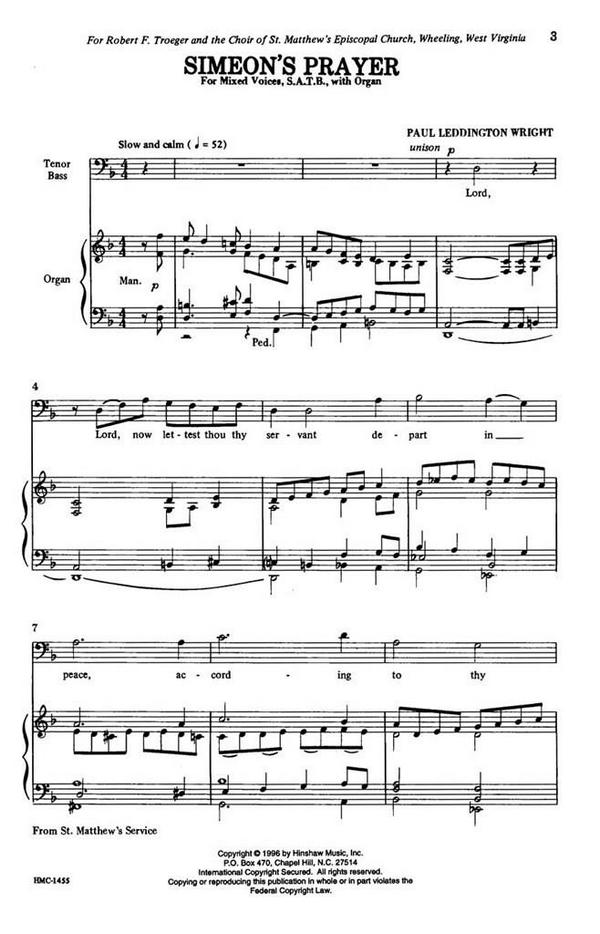 Paul Leddington Wright, Simeon's Prayer&nbsp;&nbsp;SATB and Organ&nbsp;&nbsp;Chorpartitur