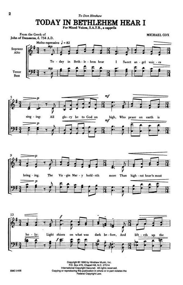 Michael Cox, Today In Bethlehem Hear I&nbsp;&nbsp;SATB a Cappella&nbsp;&nbsp;Chorpartitur