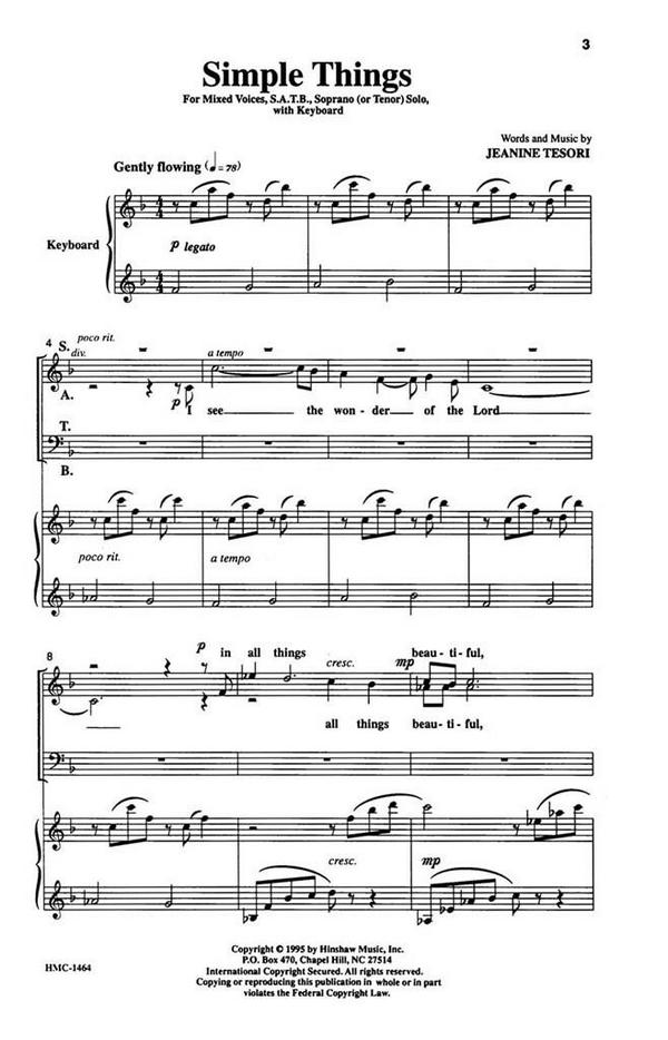 Jeanine Tesori, Simple Things&nbsp;&nbsp;SATB, Soprano or Tenor Solo, Keyboard&nbsp;&nbsp;Chorpartitur