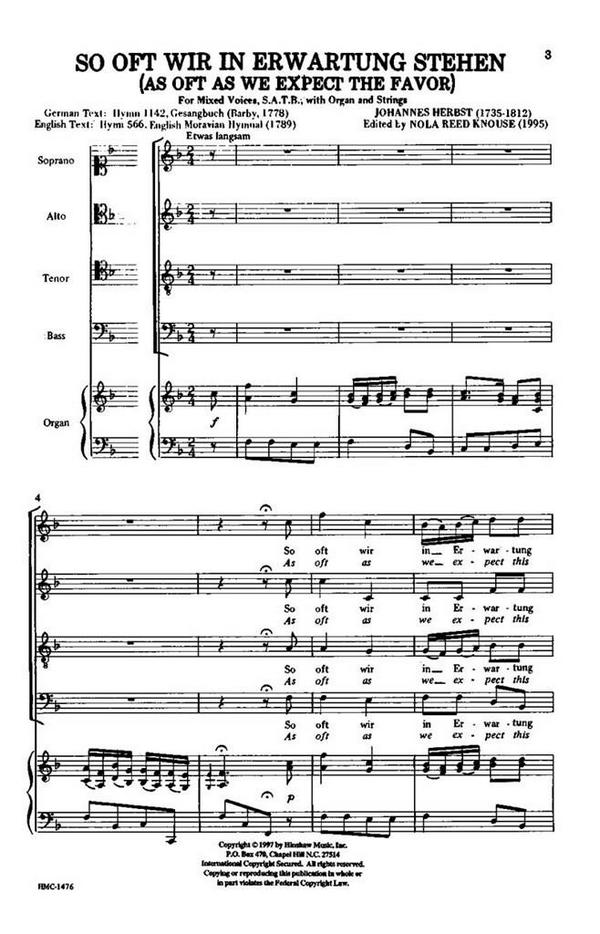 Johannes Herbst, As Oft As We Expect The Favor&nbsp;&nbsp;SATB and Organ&nbsp;&nbsp;Chorpartitur