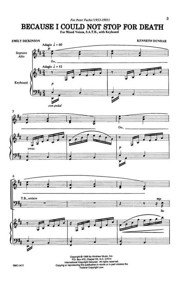 Kenneth J. Dunbar, Because I Could Not Stop For Death&nbsp;&nbsp;SATB and Keyboard&nbsp;&nbsp;Chorpartitur
