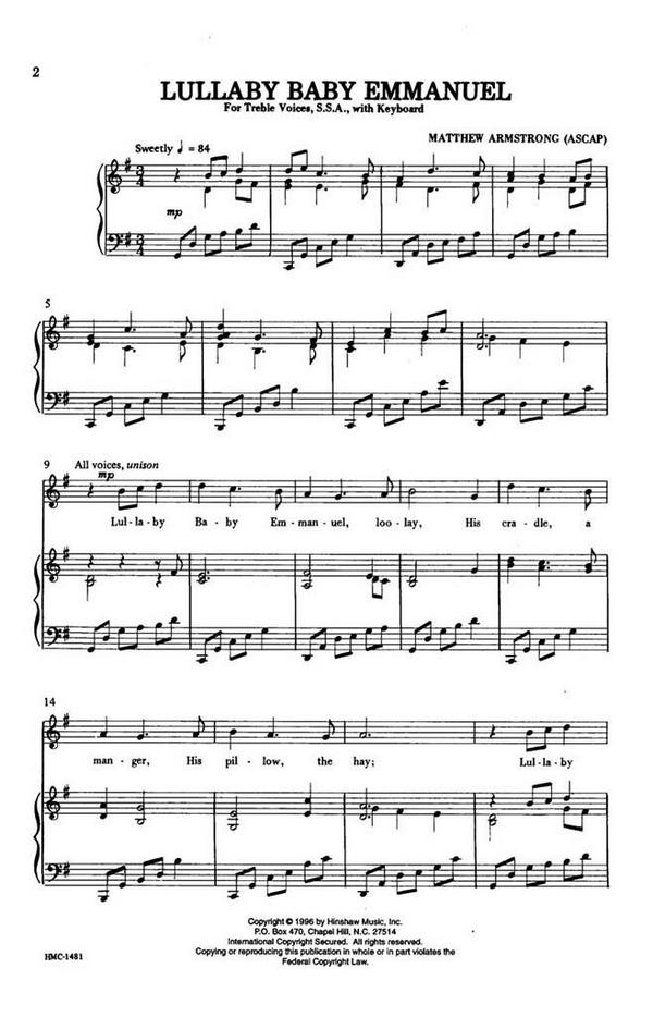 Matthew Armstrong, Lullaby Baby Emmanuel&nbsp;&nbsp;SSA, Keyboard&nbsp;&nbsp;Chorpartitur