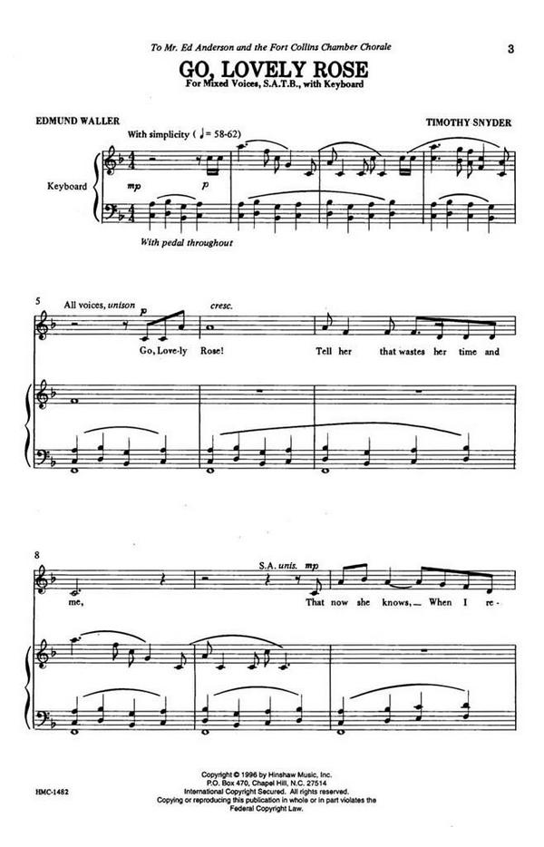 Timothy Snyder, Go Lovely Rose&nbsp;&nbsp;SATB and Keyboard&nbsp;&nbsp;Chorpartitur