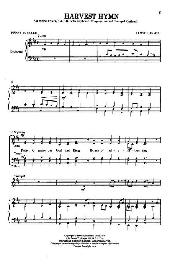 Lloyd Larson, Harvest Hymn&nbsp;&nbsp;SATB Optional Congregation, Keyboard&nbsp;&nbsp;Chorpartitur