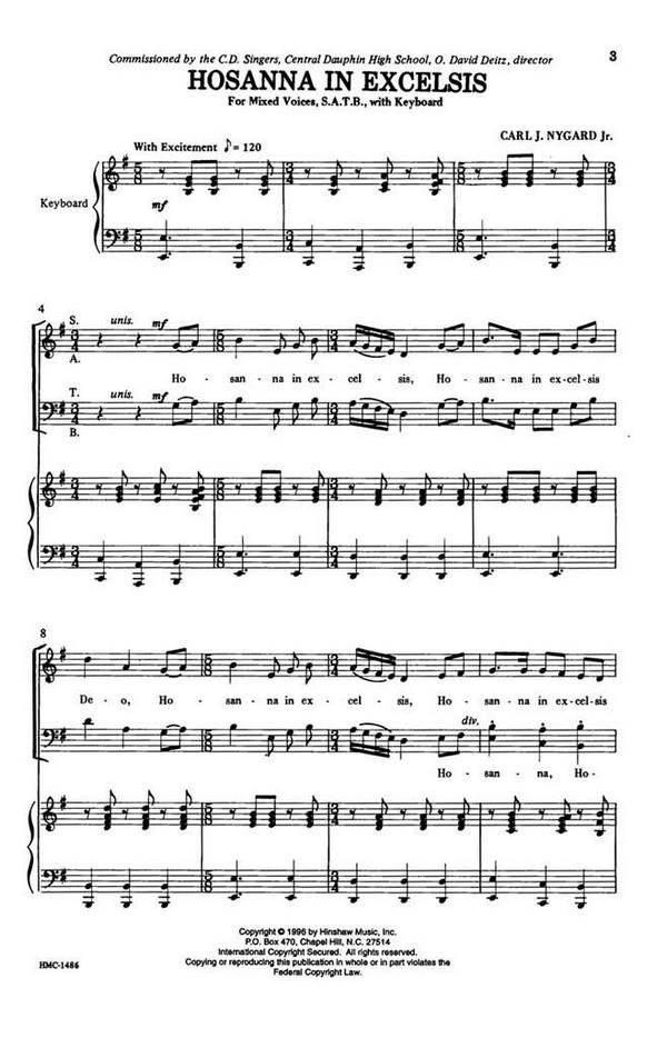 Carl Nygard, Hosanna In Excelsis&nbsp;&nbsp;SATB and Keyboard&nbsp;&nbsp;Chorpartitur