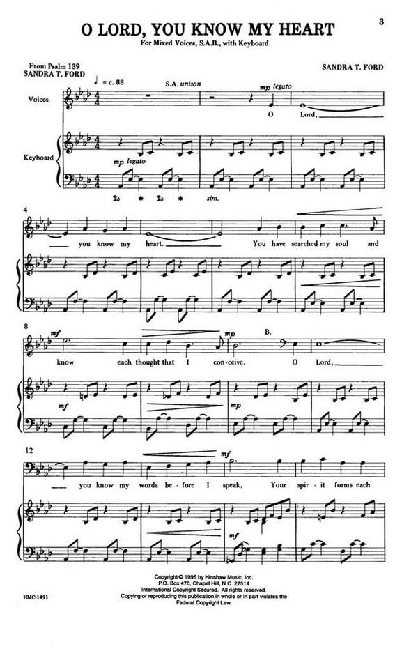 Sandra T. Ford, O Lord, You Know My Heart&nbsp;&nbsp;SAB and Keyboard&nbsp;&nbsp;Chorpartitur