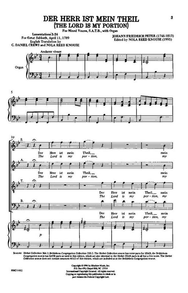 Johann Fr. Peter, The Lord Is My Portion (Der Herr Ist Mein Theil)&nbsp;&nbsp;SATB and Organ&nbsp;&nbsp;Chorpartitur