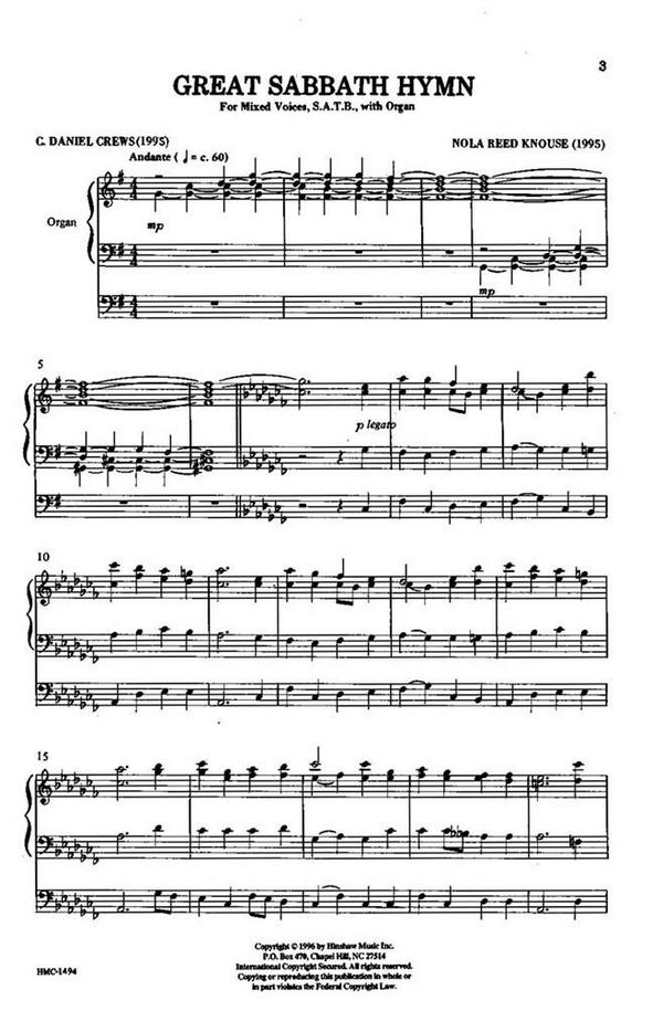 Nola Reed Knouse, Great Sabbath Hymn&nbsp;&nbsp;SATB and Organ&nbsp;&nbsp;Chorpartitur