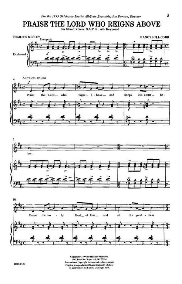 Nancy Cobb, Praise The Lord Who Reigns Above&nbsp;&nbsp;SATB and Keyboard&nbsp;&nbsp;Chorpartitur
