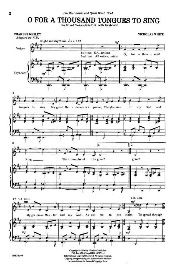 Nicholas White, O For A Thousand Tongues To Sing&nbsp;&nbsp;SATB and Keyboard&nbsp;&nbsp;Chorpartitur