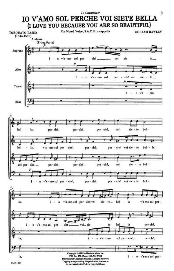 William Hawley, Io V'amo Sol Perche Voi Siete Bella&nbsp;&nbsp;SATB a Cappella&nbsp;&nbsp;Chorpartitur