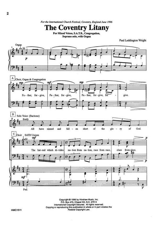 Paul Wright, The Coventry Lithany&nbsp;&nbsp;SATB and Organ&nbsp;&nbsp;Chorpartitur