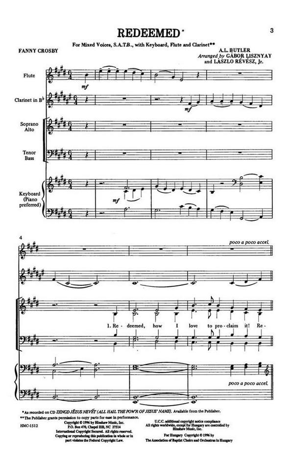 A.L. Butler, Redeemed!  SATB, Keyboard, Flute, Clarinet  Chorpartitur