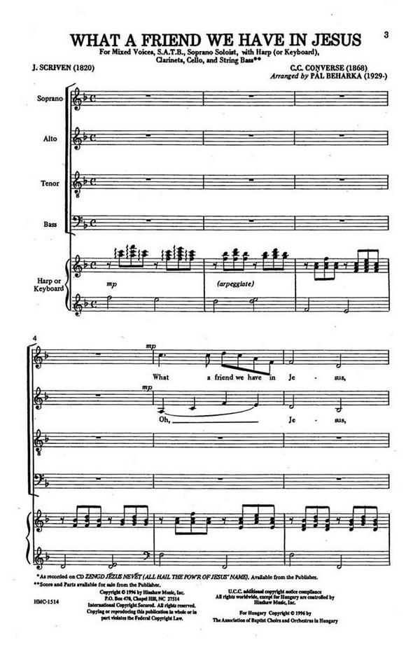 Charles C. Converse, What A Friend We Have In Jesus&nbsp;&nbsp;SATB, Soprano Solo, Keyboard Or Harp, Clarinet, Cello, String Bass&nbsp;&nbsp;Chorpartitur