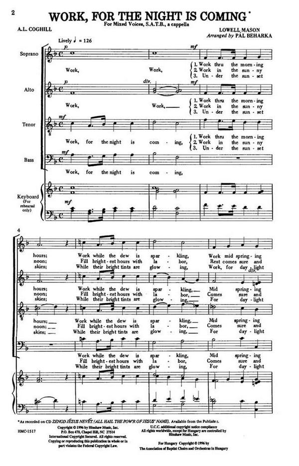 Lowell Mason, Work, For The Night Is Coming&nbsp;&nbsp;SATB a Cappella&nbsp;&nbsp;Chorpartitur