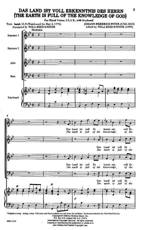 Johann Fr. Peter, The Earth Is Full Of The Knowledge Of God&nbsp;&nbsp;SSAB, Keyboard&nbsp;&nbsp;Chorpartitur