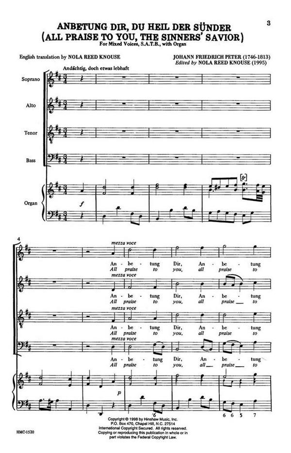 Johann Fr. Peter, All Praise To You, The Sinners' Savior&nbsp;&nbsp;SATB and Organ&nbsp;&nbsp;Chorpartitur