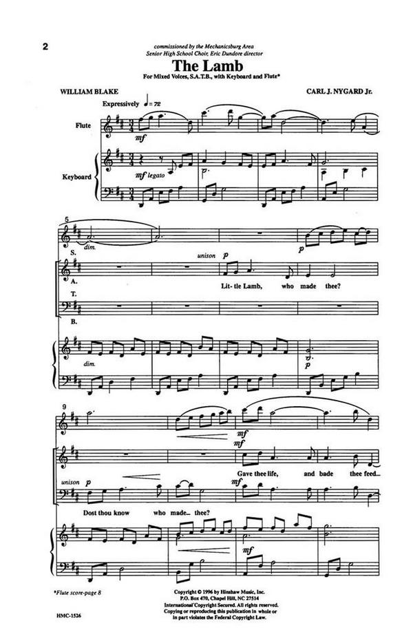 Carl Nygard, The Lamb&nbsp;&nbsp;SATB, Keyboard and Flute&nbsp;&nbsp;Chorpartitur