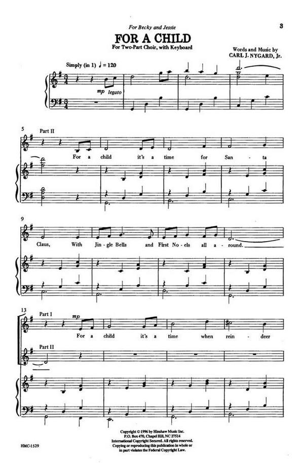 Carl Nygard, For A Child&nbsp;&nbsp;2-Part Choir and Keyboard&nbsp;&nbsp;Chorpartitur