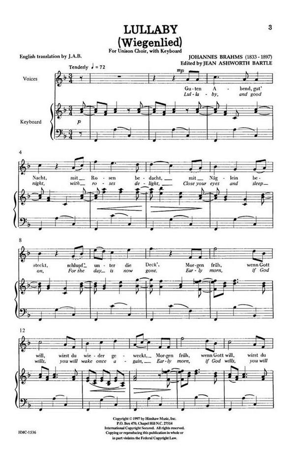 Johannes Brahms, Lullaby (Wiegenlied)&nbsp;&nbsp;Unison, Keyboard&nbsp;&nbsp;Chorpartitur