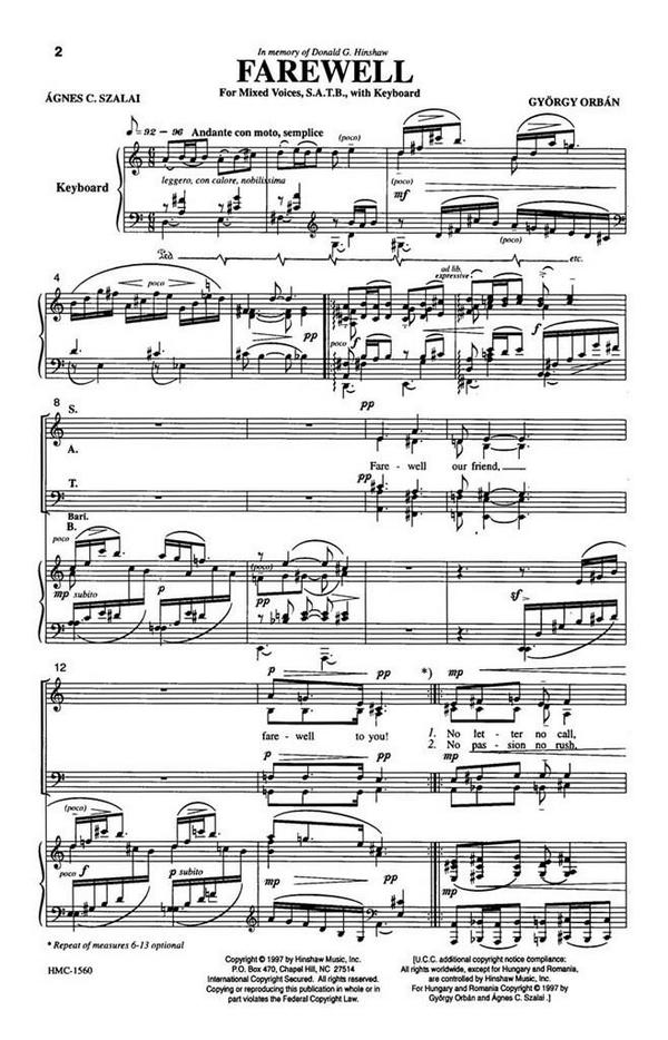 György Orbán, Farewell&nbsp;&nbsp;SATB, Piano&nbsp;&nbsp;Chorpartitur