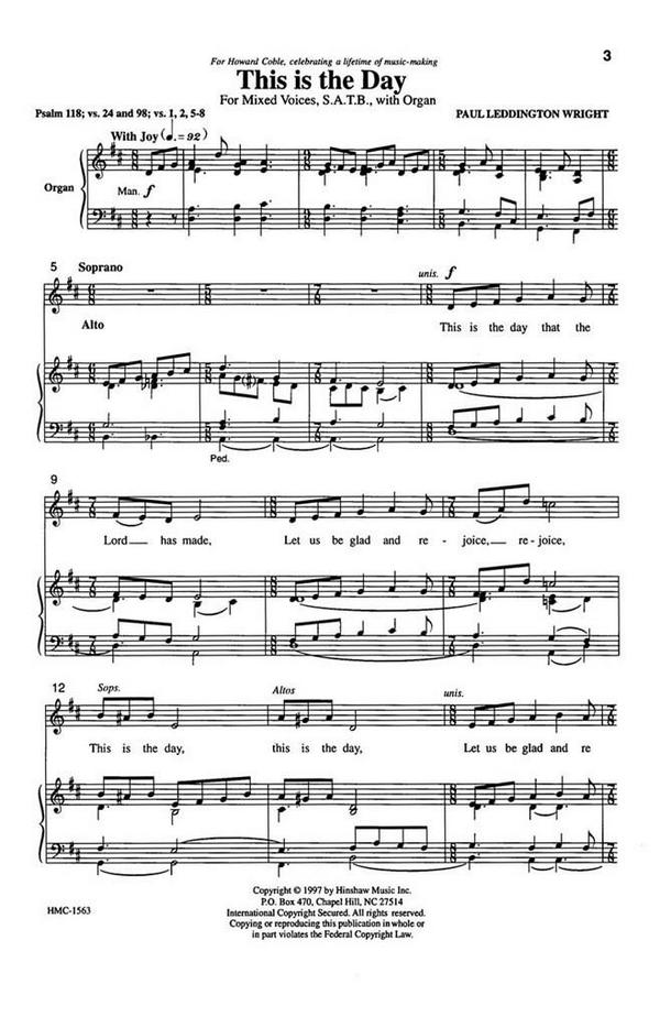 Paul Leddington Wright, This Is The Day&nbsp;&nbsp;SATB and Keyboard&nbsp;&nbsp;Chorpartitur
