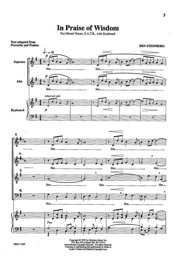 Ben Steinberg, In Praise Of Wisdom&nbsp;&nbsp;SATB and Keyboard&nbsp;&nbsp;Chorpartitur