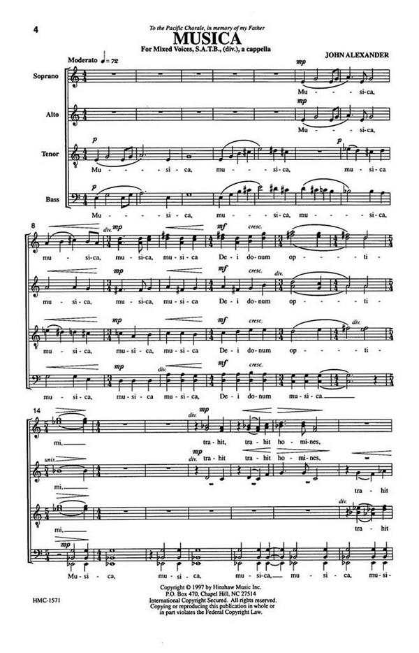 John Alexander, Musica&nbsp;&nbsp;SATB Divisi a Cappella&nbsp;&nbsp;Chorpartitur