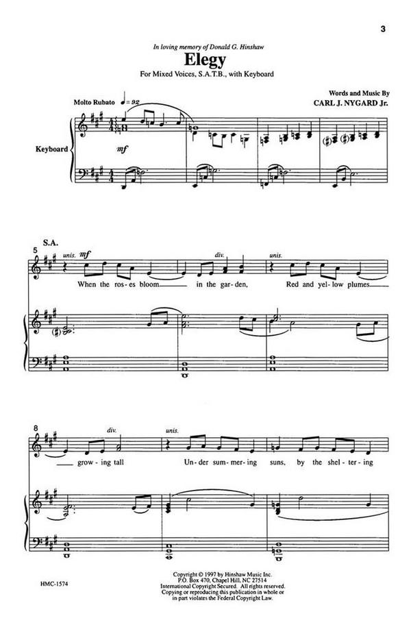 Carl Nygard, Elegy&nbsp;&nbsp;SATB and Keyboard&nbsp;&nbsp;Chorpartitur