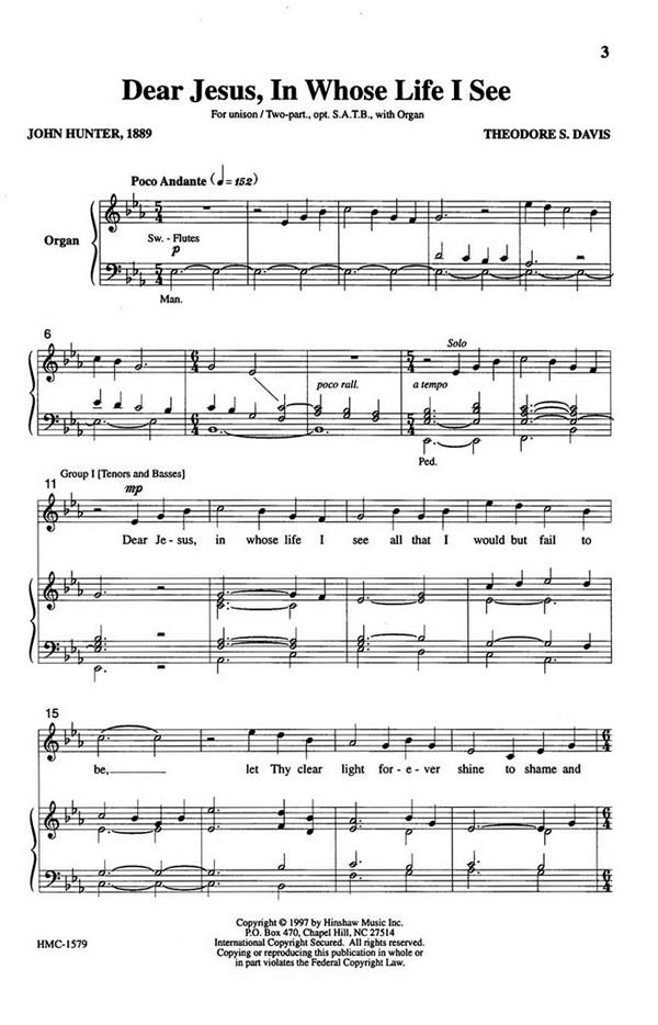 Ted Davis, Dear Jesus, In Whose Life I See&nbsp;&nbsp;Unison, 2 Part, Optional SATB, Keyboard&nbsp;&nbsp;Chorpartitur