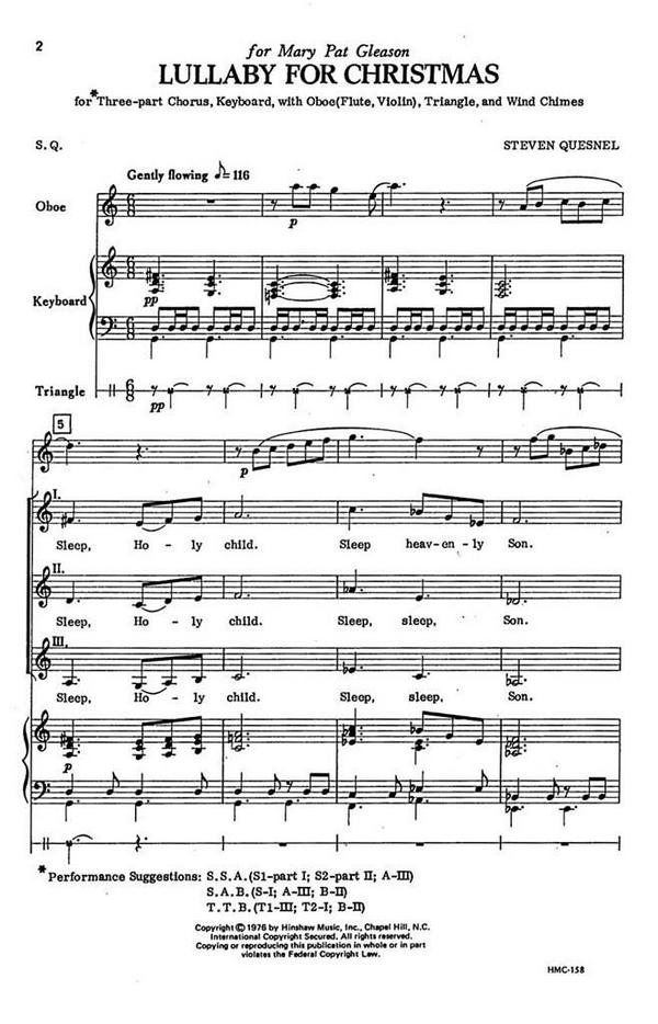 Steven Quesnel, Lullaby For Christmas&nbsp;&nbsp;3-Part Choir&nbsp;&nbsp;Chorpartitur